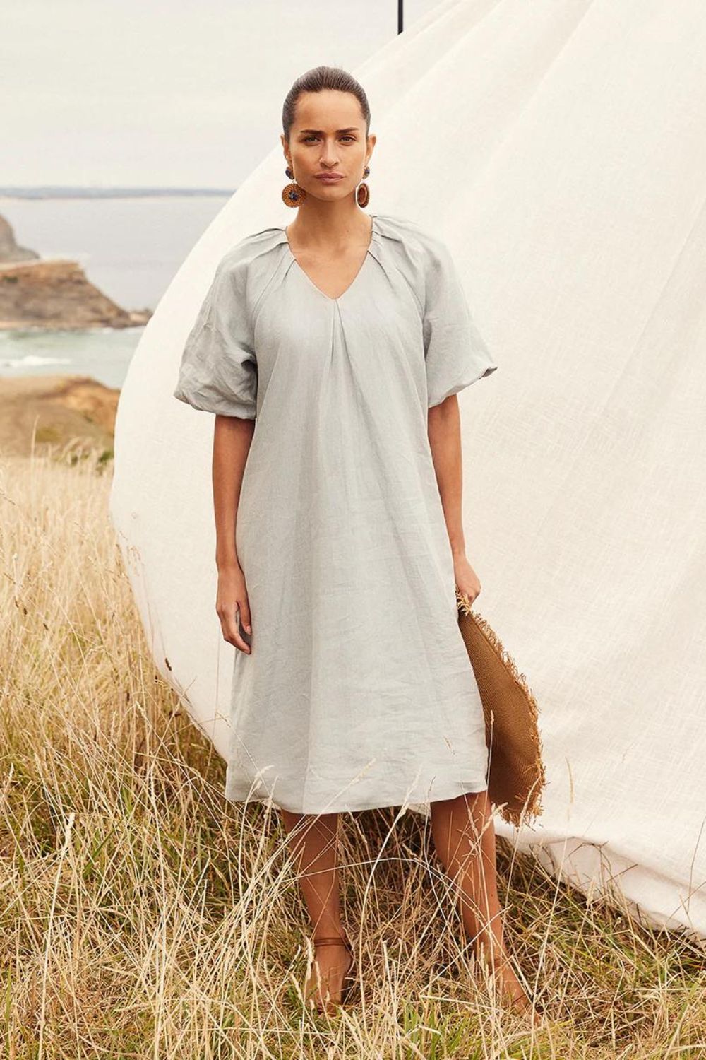 Yarra Trail Puff Sleeve Linen Dress