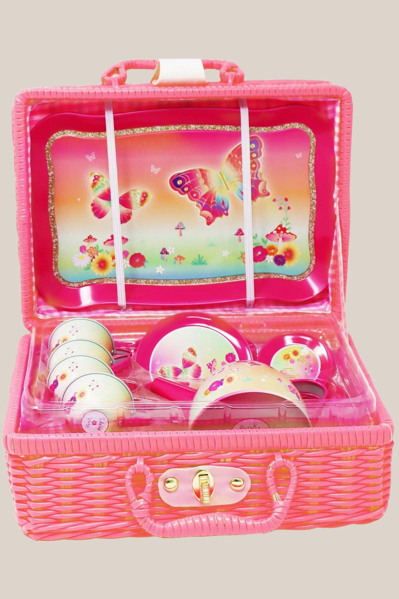 Pink Poppy Rainbow Butterfly Tea Set In Basket