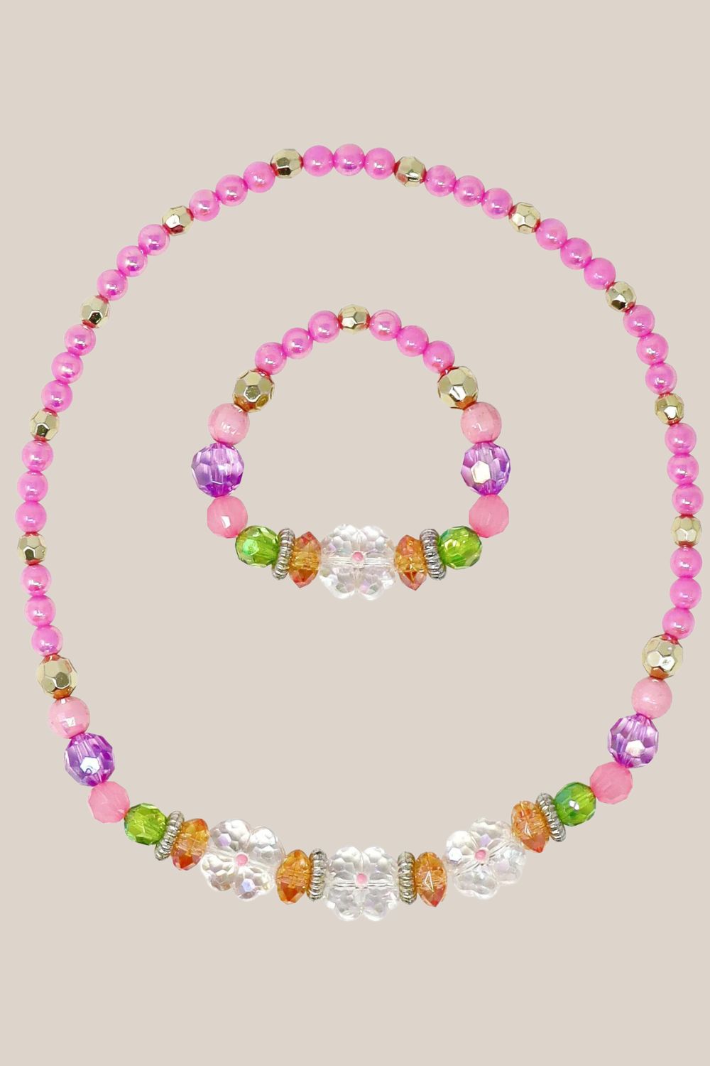 Pink Poppy Pixie Fantasy Flower Beaded Necklace And Bracelet Set