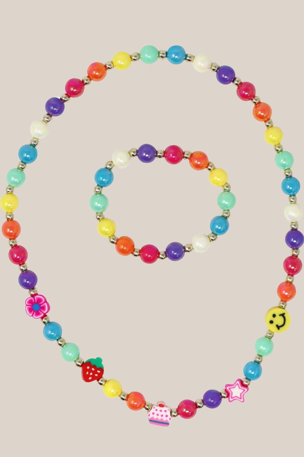 Pink Poppy Rainbow Smiley Face And Fruit Necklace And Bracelet Set