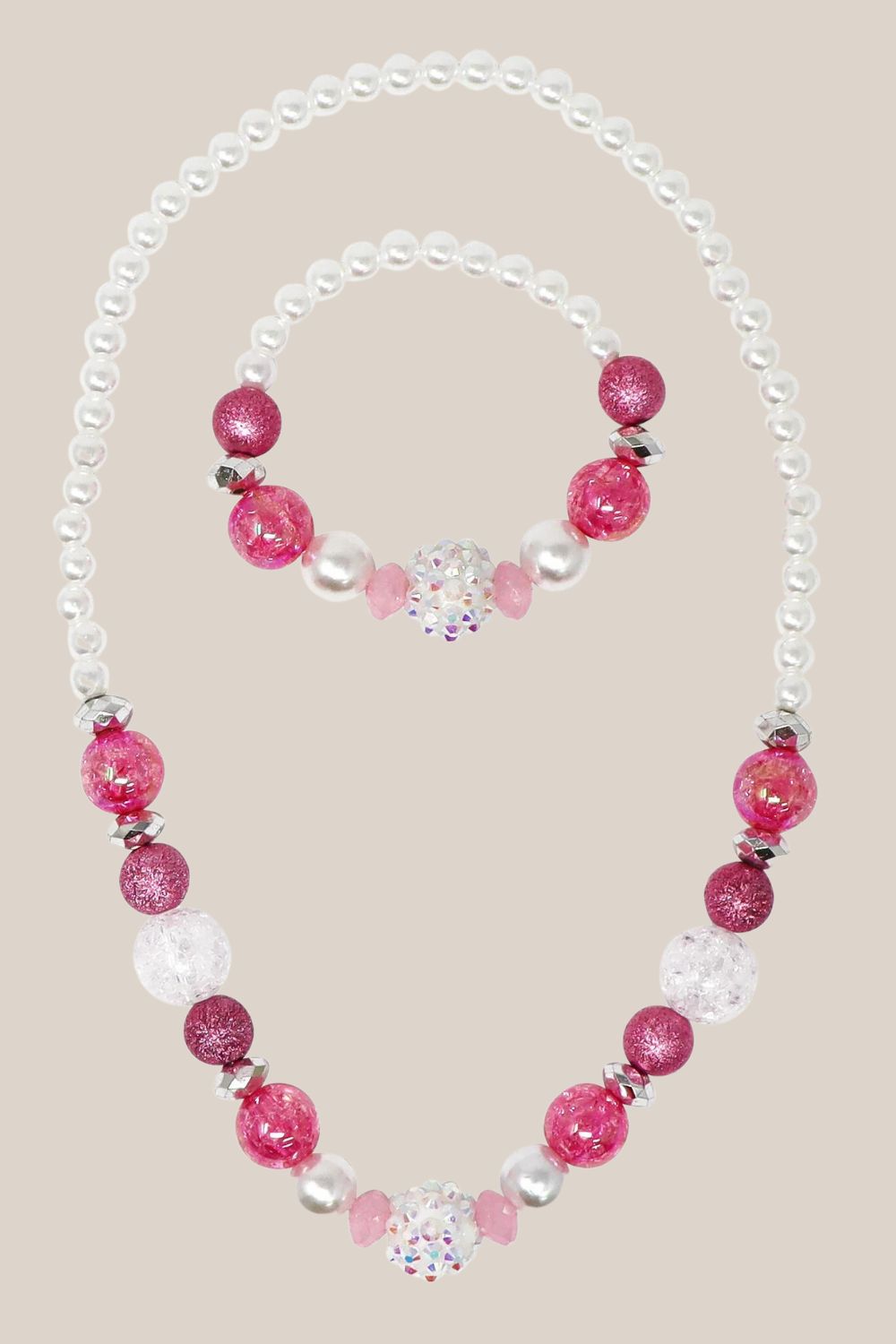 Pink Poppy Sparkly Pink And Pearl Necklace And Bracelet Set