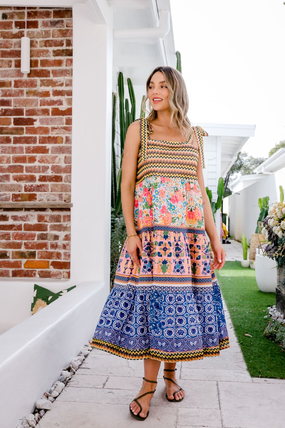 Cactus Rose Tie Up Bow Shoulder Midi Dress