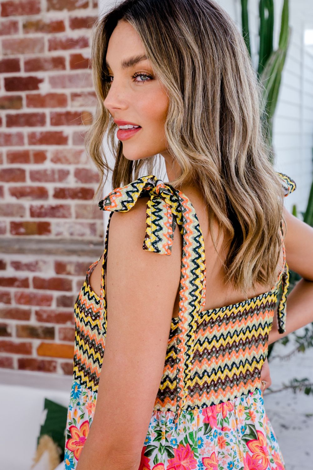 Cactus Rose Tie Up Bow Shoulder Midi Dress