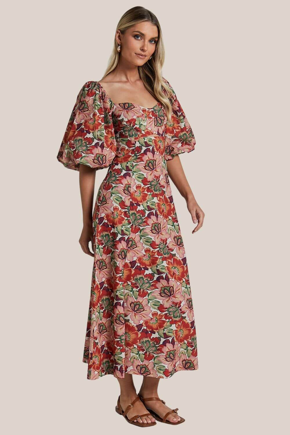 Amalie The Label Catalina Linen Blend Sweetheart Balloon Sleeve Midi Dress