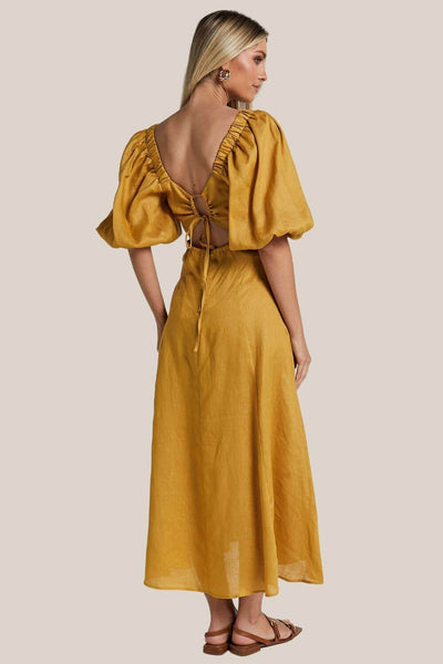 Amalie The Label Zoya Linen Puff Sleeve Backless Maxi Dress