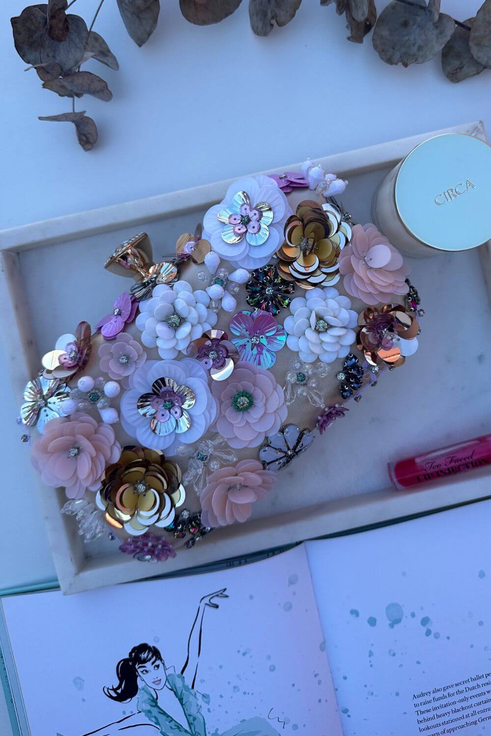 BoElle Beaded Floral Top Handle Clutch