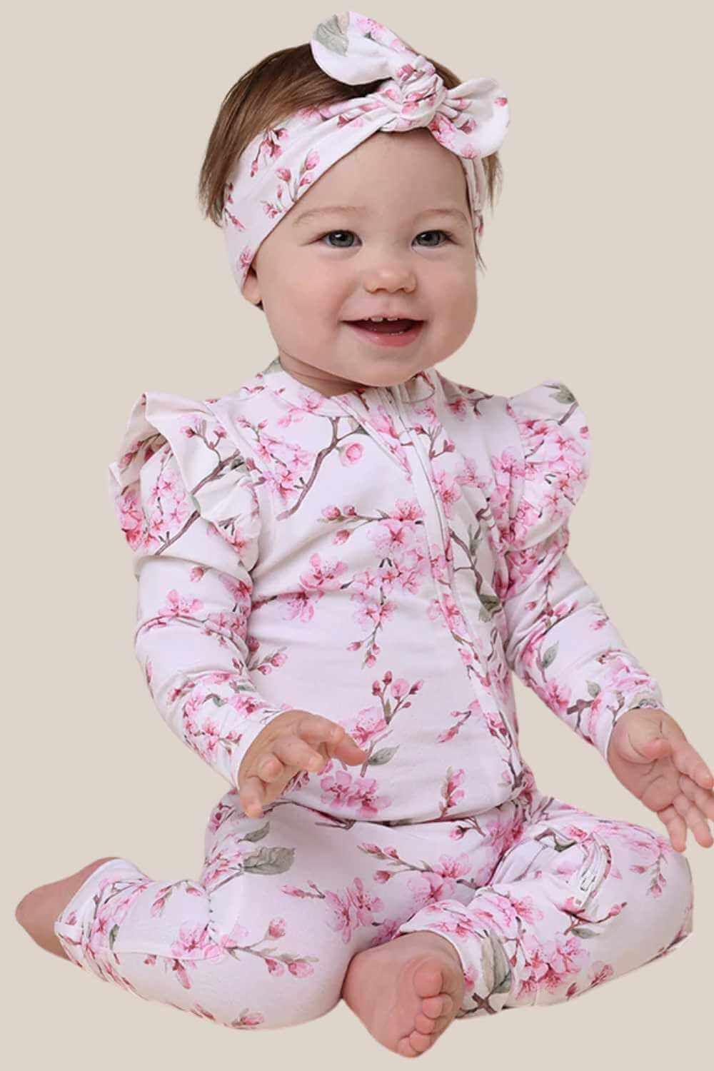 Snuggle Hunny Cherry Blossom Organic Snugglesuit Convertible Romper with Frill