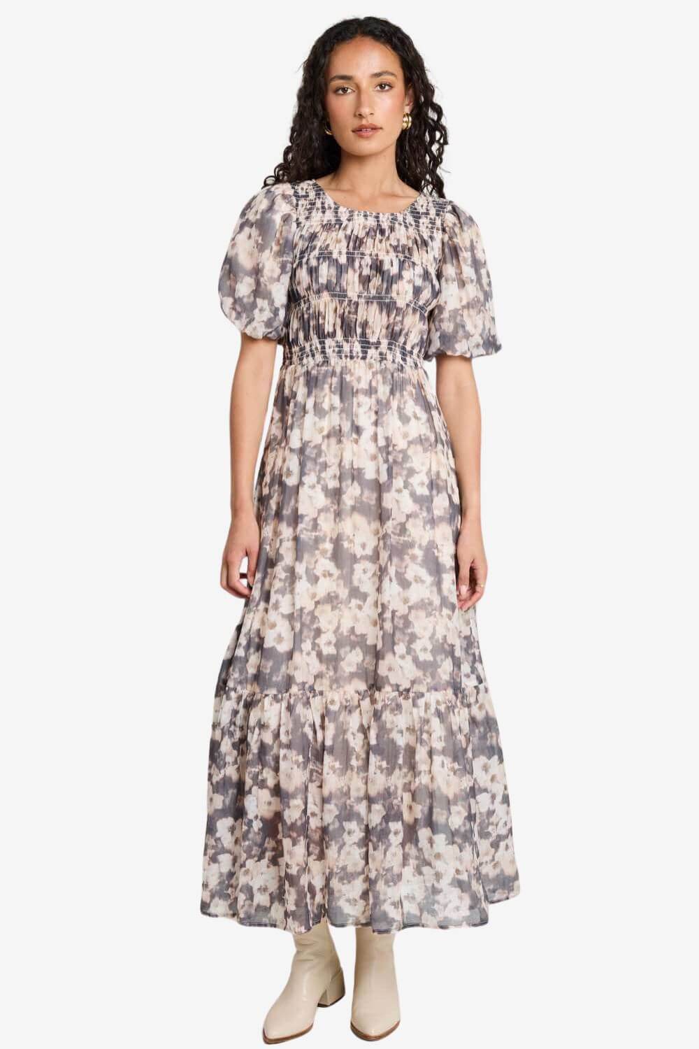Vacancy Puff Sleeve Shirred Maxi Dress
