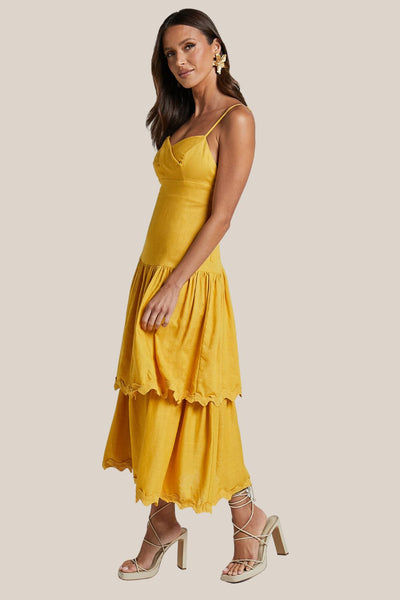 Amalie The Label Cameo Linen Blend Low Back Tiered Midi Dress