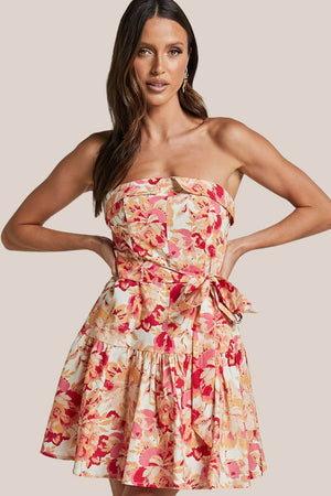 Amalie The Label Simmona Linen Blend Strapless Tie Waist Mini Dress