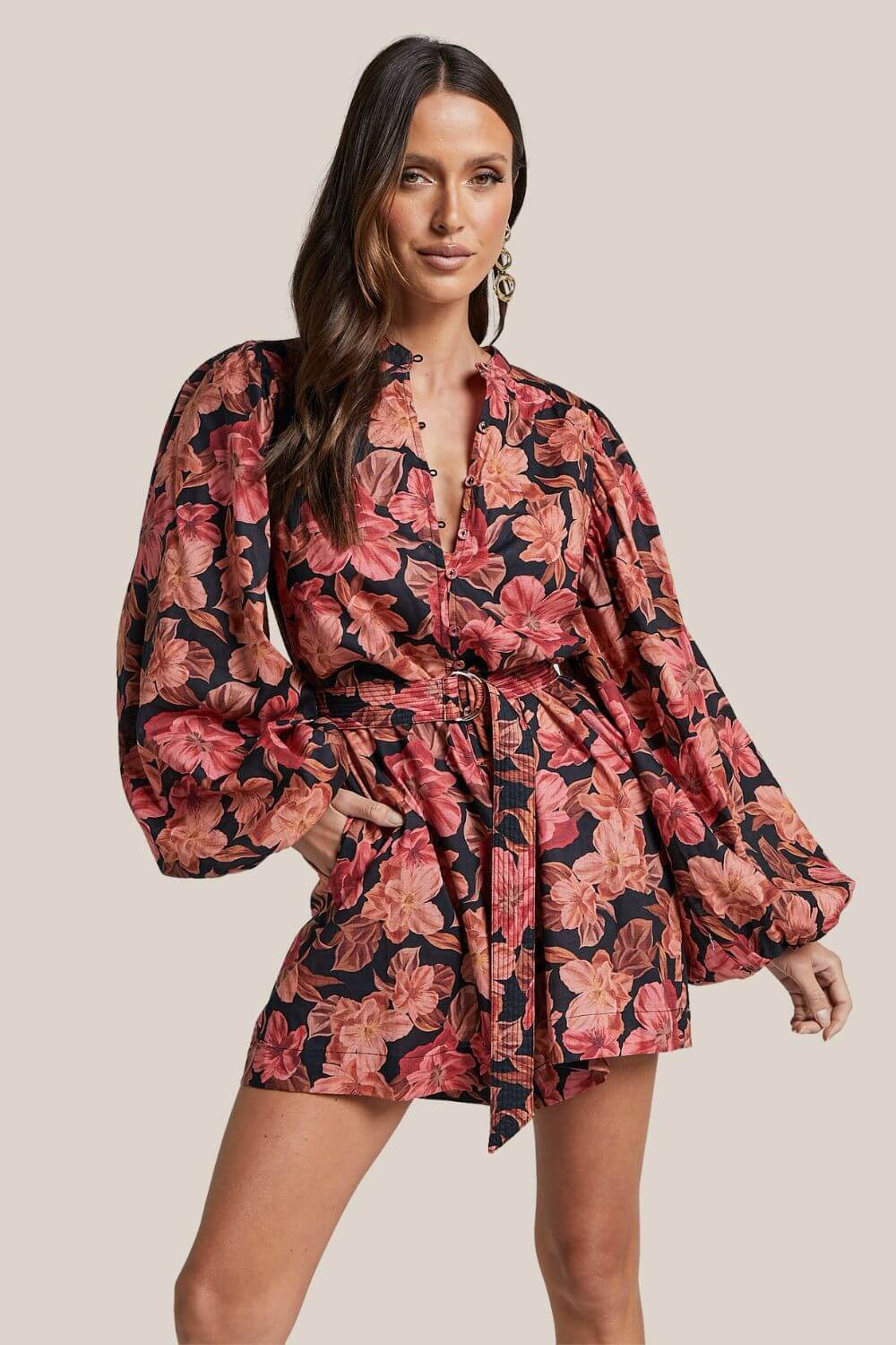 Amalie The Label Natylia Linen Blend Bishop Sleeve Belted Playsuit
