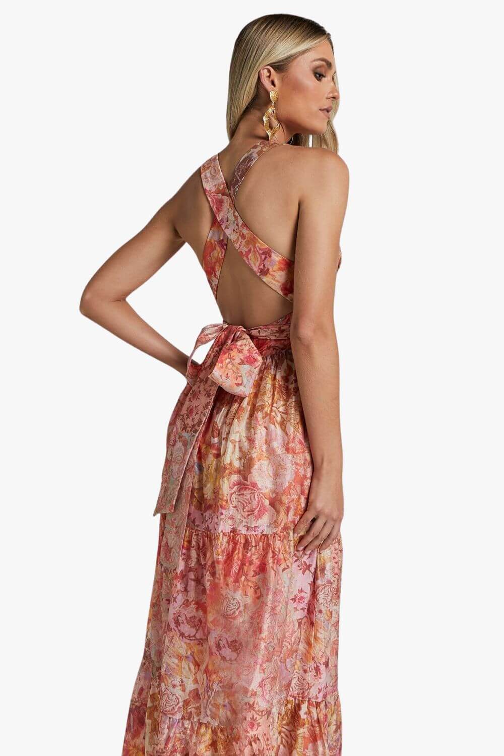 Amalie The Label Monte Plunge Neck Tie Back Tiered Maxi Dress