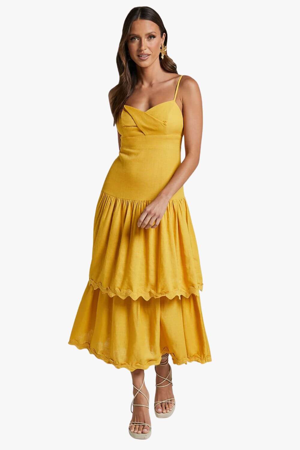 Amalie The Label Cameo Linen Blend Low Back Tiered Midi Dress