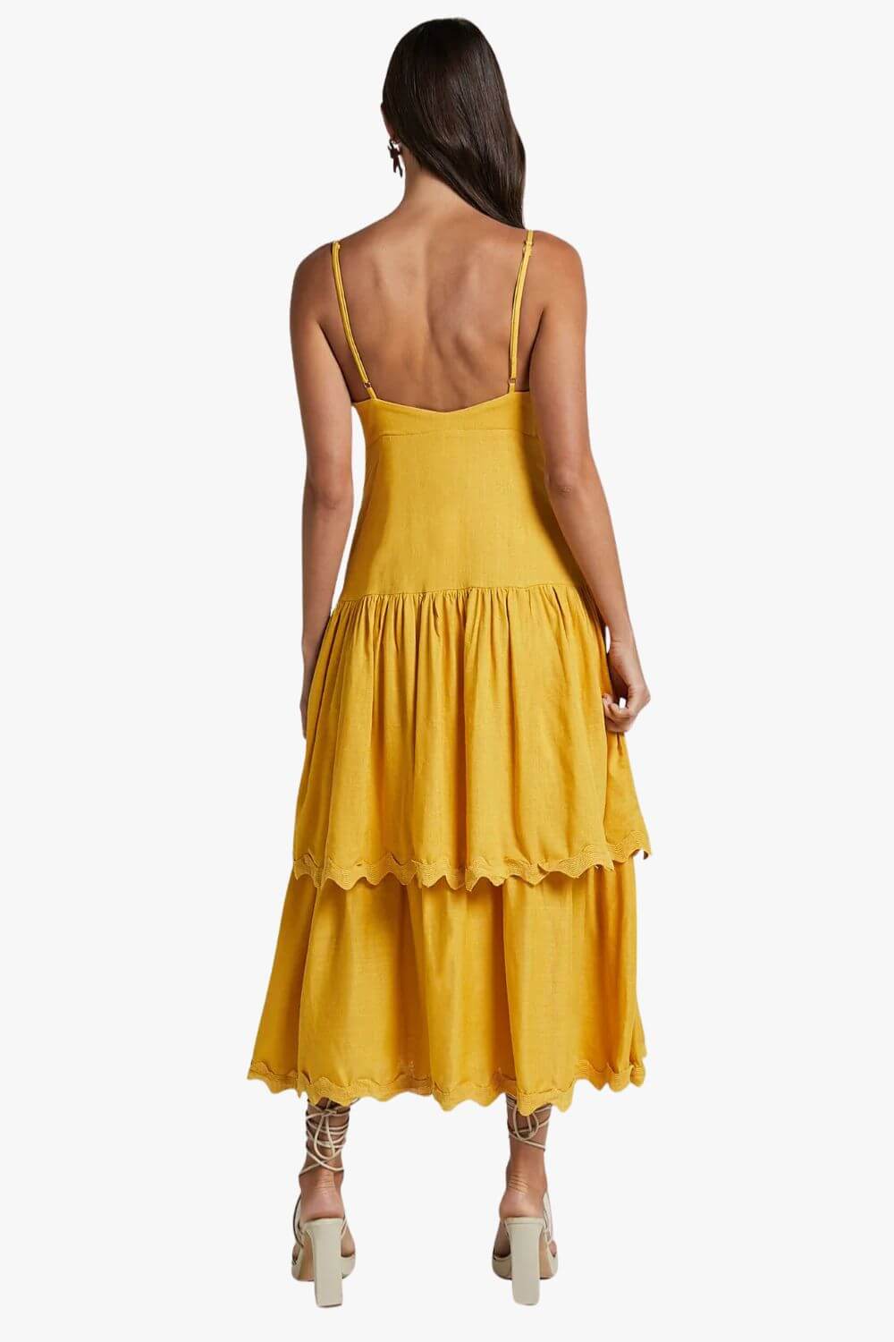 Amalie The Label Cameo Linen Blend Low Back Tiered Midi Dress