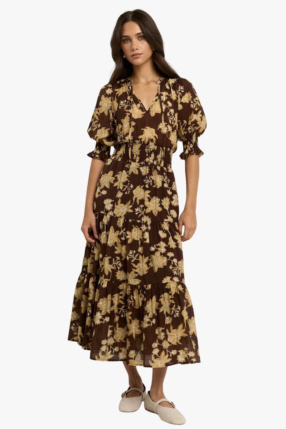 Charlie Floral SS V Neck Tiered Midi Dress