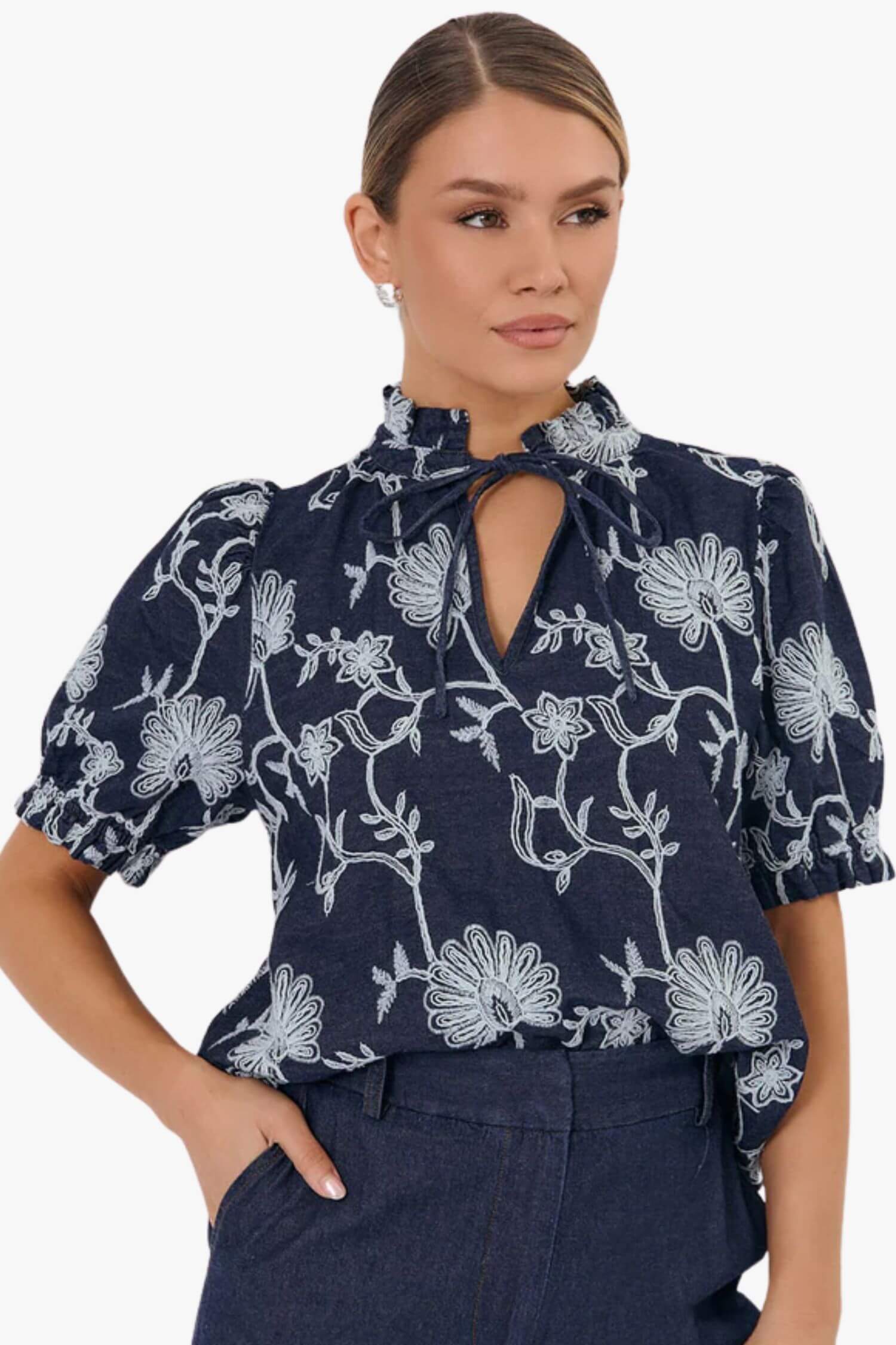 Adorne Sandra Embroidered Denim Top