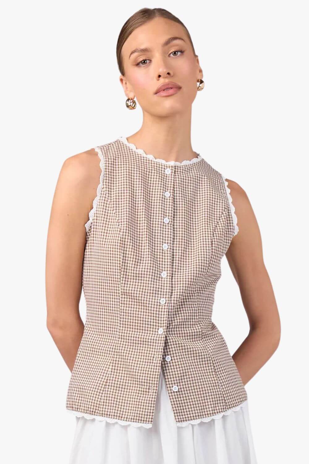 MVN Gingham Lace Trim Top