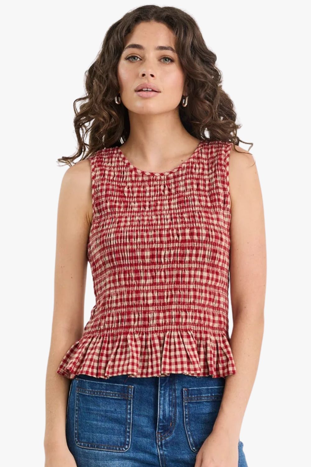 Ivy & Jack Lonely Gingham Shirred Shell Top