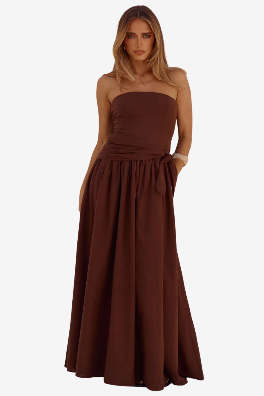 Maeve Strapless Side Tie Maxi Dress