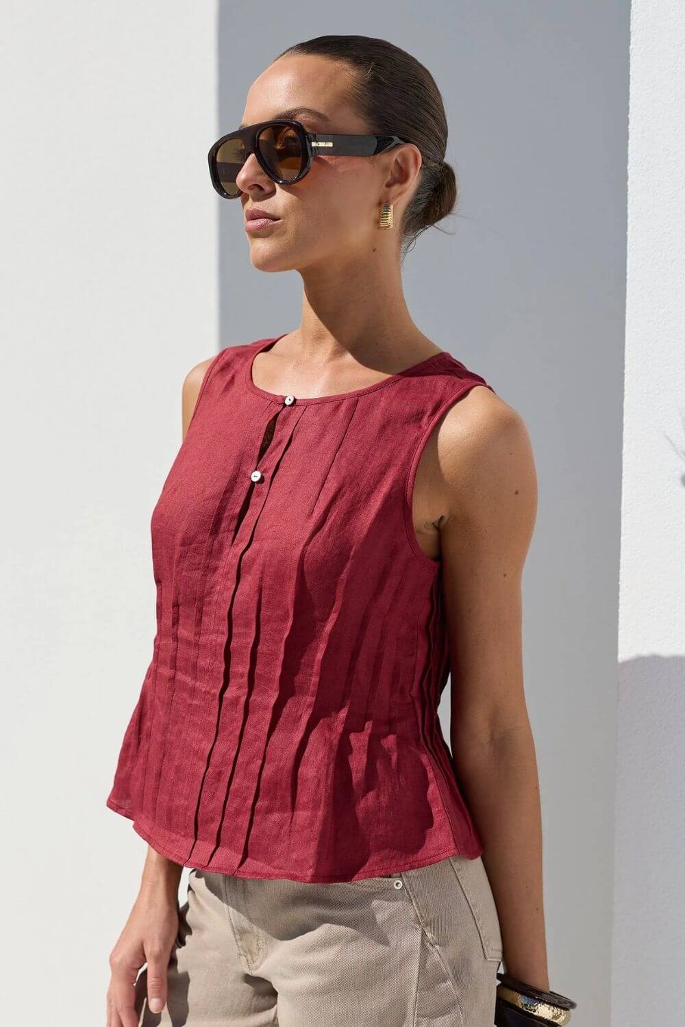 Stories Be Told Womens Linen Pintuck Top