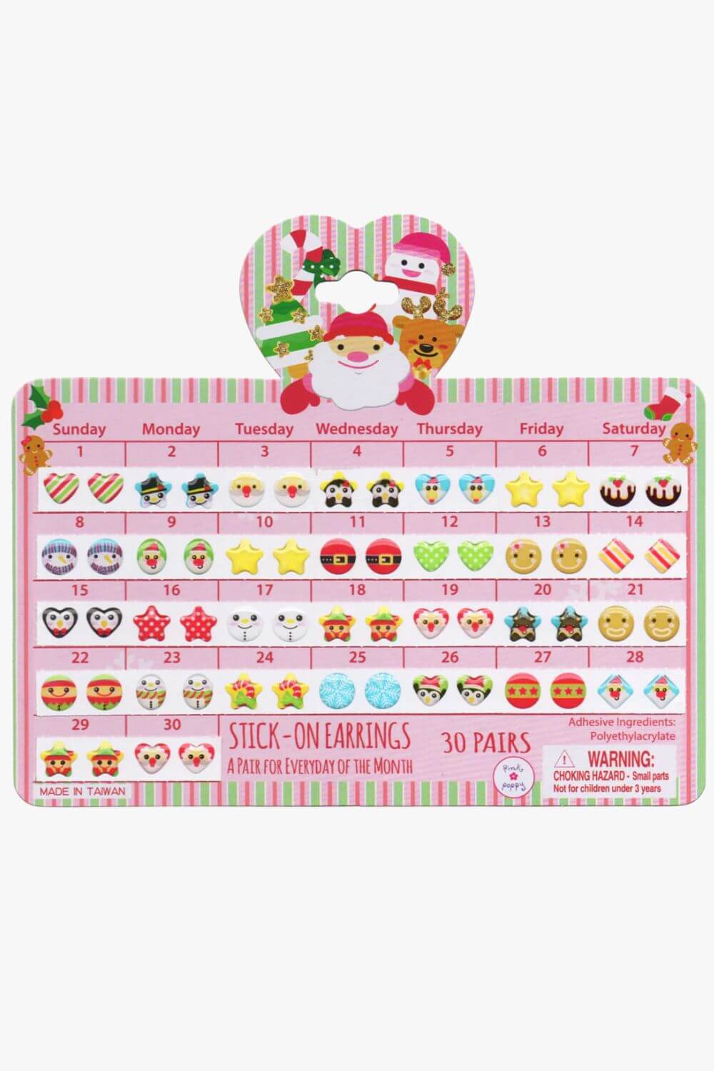 Pink Poppy 30 Day Christmas Stick On Earrings