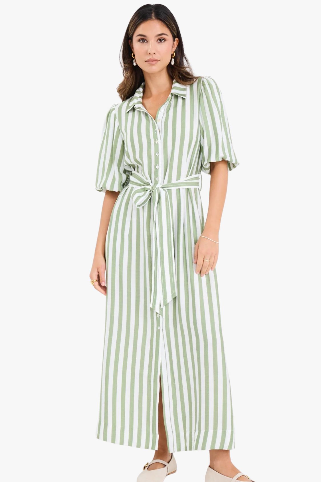 Kindred Stripe Puff Sleeve Midi Dress