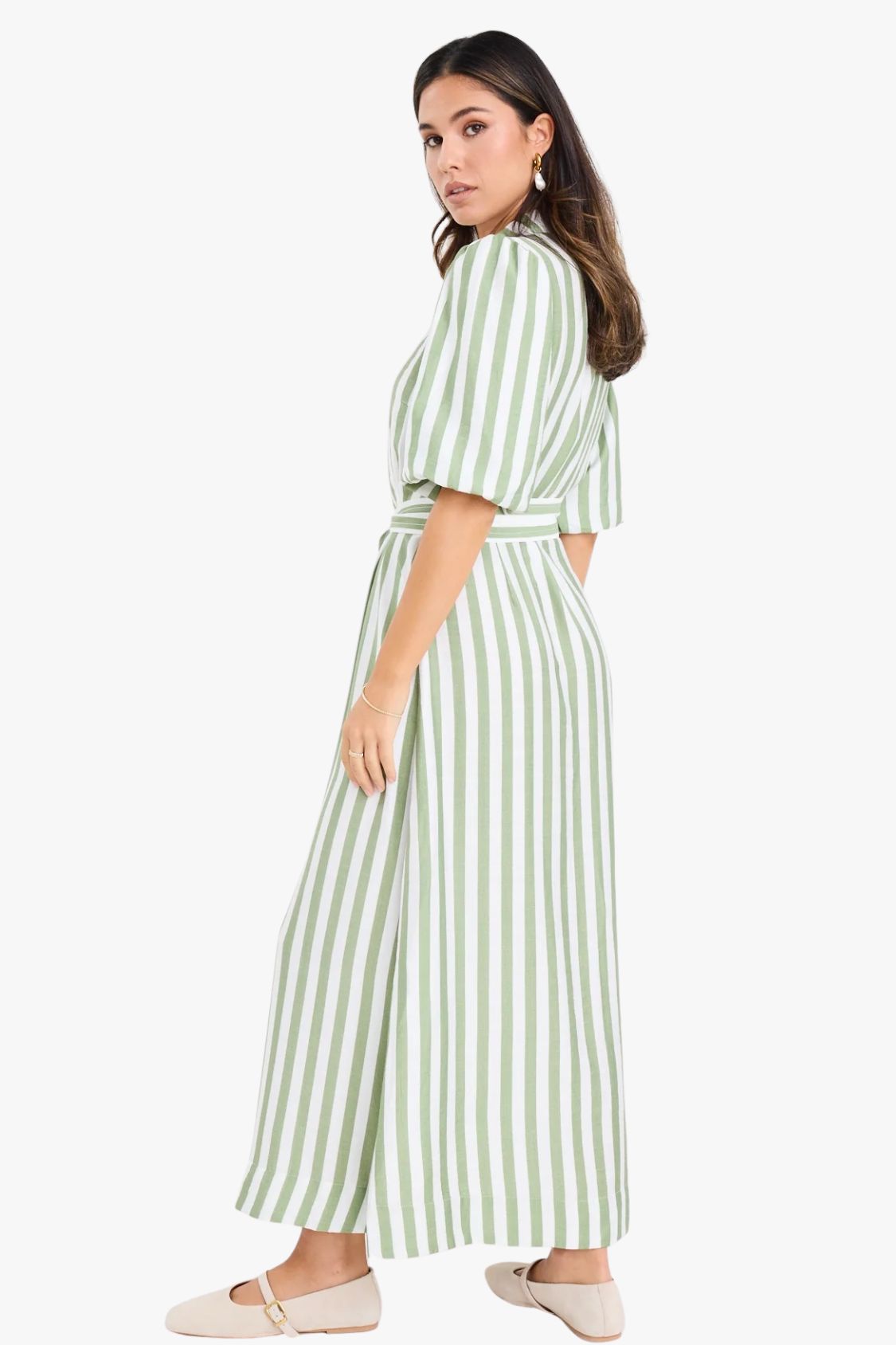 Kindred Stripe Puff Sleeve Midi Dress