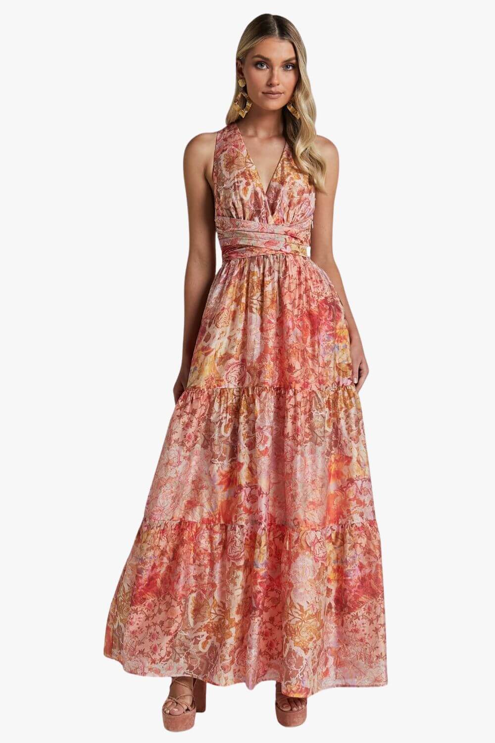 Amalie The Label Monte Plunge Neck Tie Back Tiered Maxi Dress