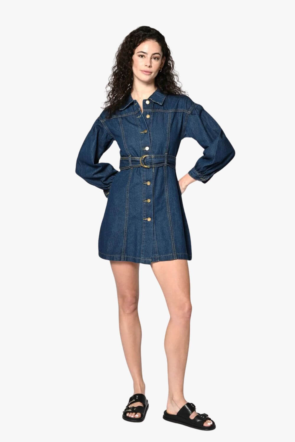Ava Long Sleeve Belted Denim Mini Dress
