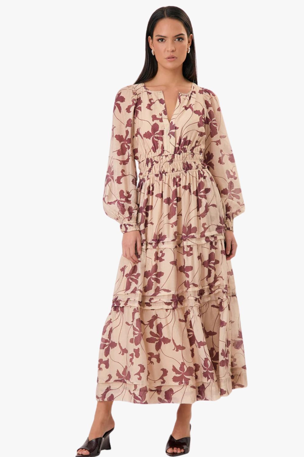 Adorne Eliana Long Sleeve Printed Maxi Dress