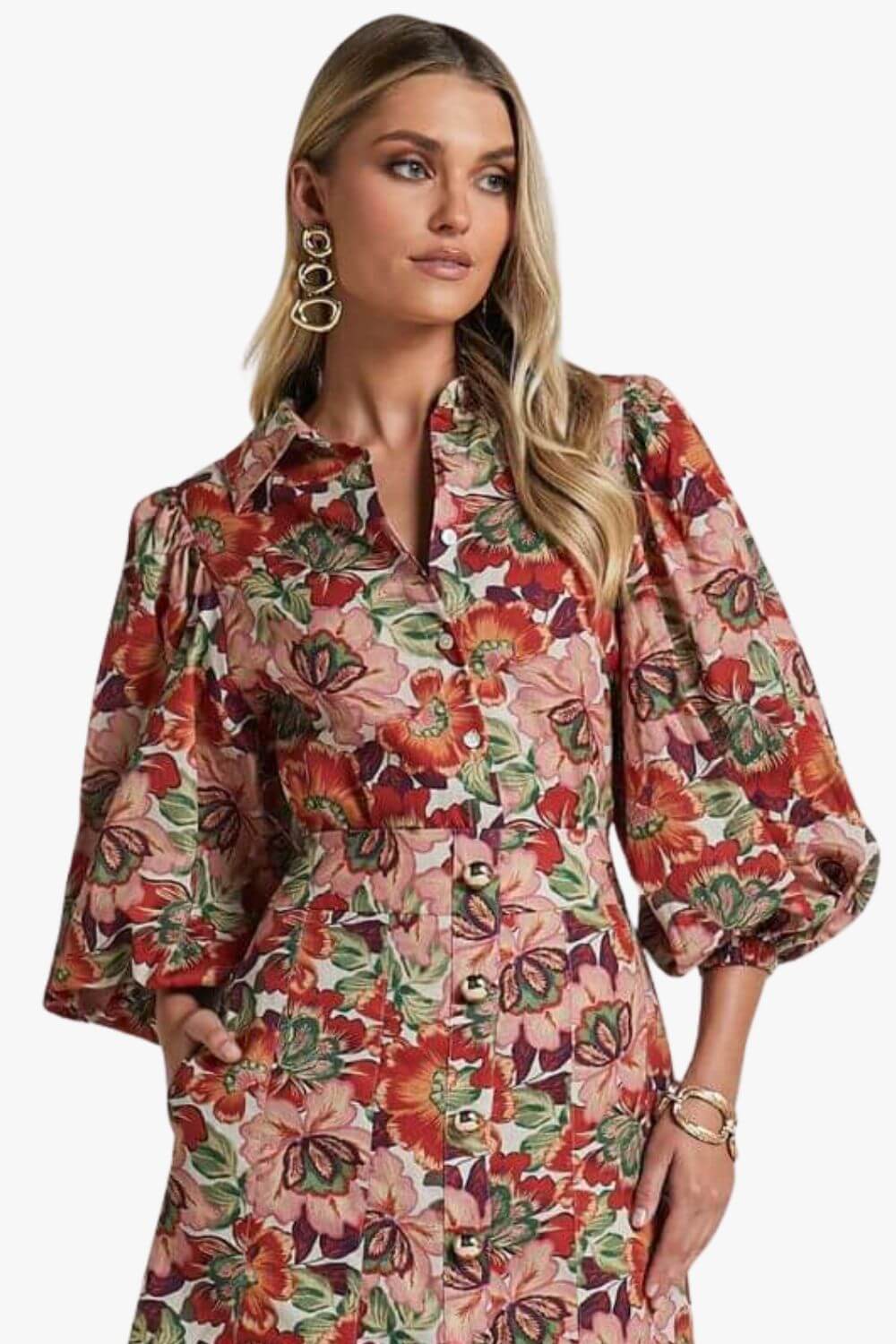 Amalie The Label Hanae Linen Blend Collared Button Through Puff Sleeve Shirt