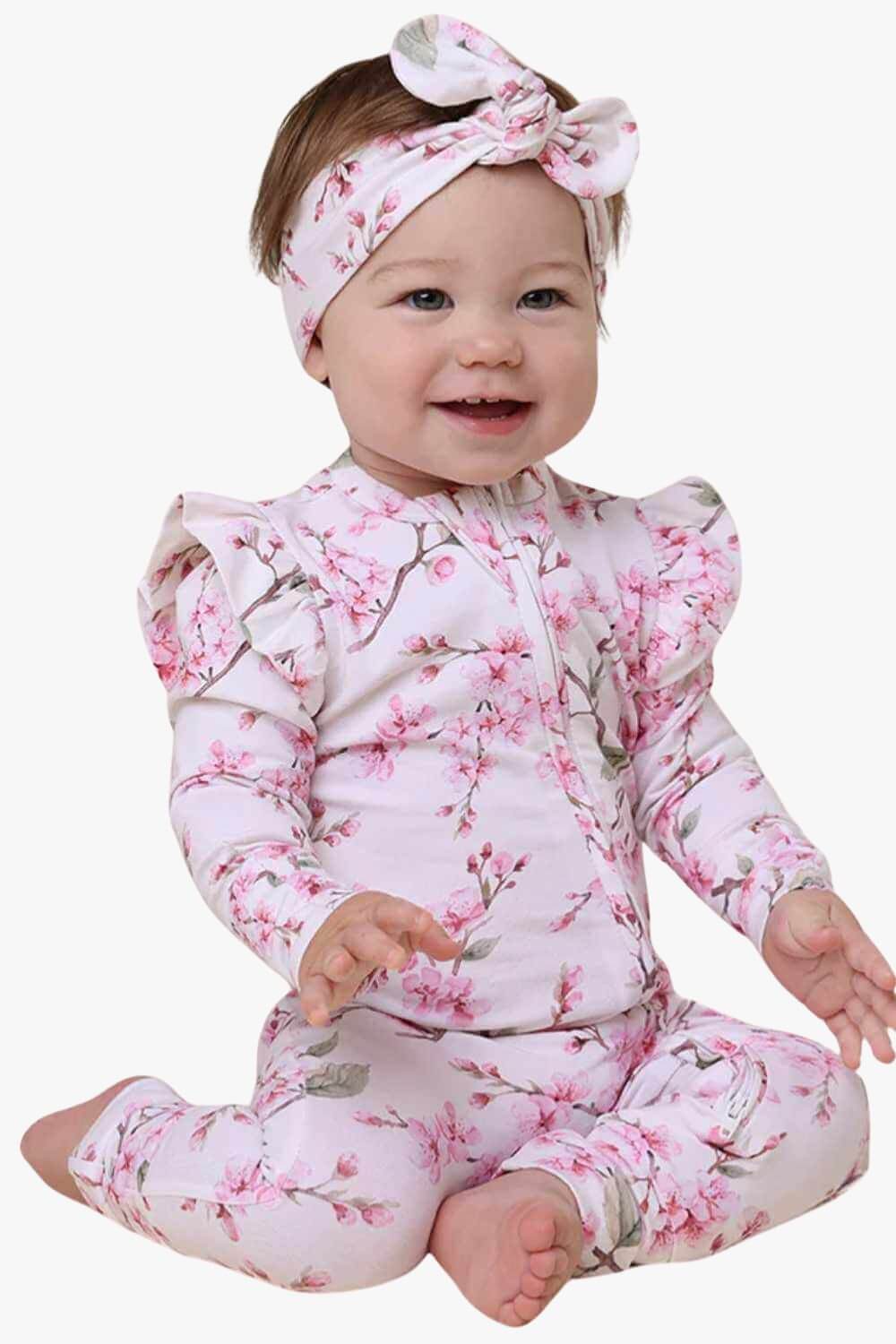 Snuggle Hunny Cherry Blossom Organic Snugglesuit Convertible Romper with Frill