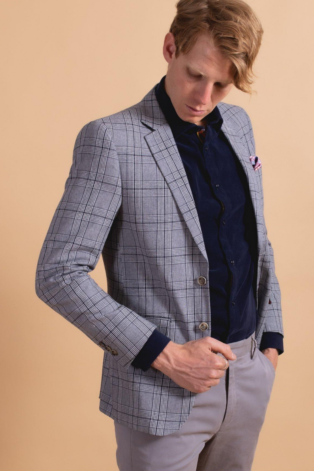 James Harper Textured Check Linen Blazer