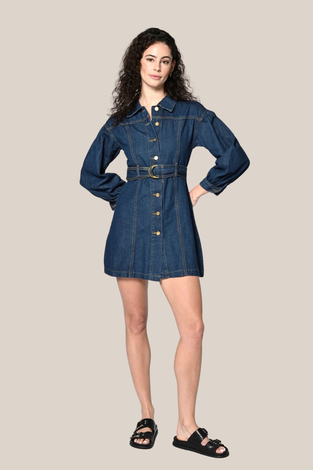 Ava Long Sleeve Belted Denim Mini Dress