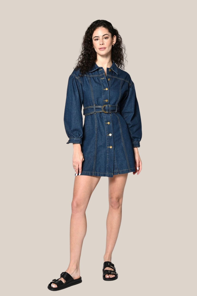 Ava Long Sleeve Belted Denim Mini Dress