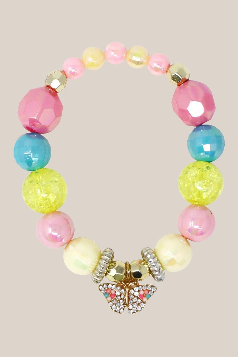 Pink Poppy Rhinestone Butterfly Charm Stretch Beaded Bracelet