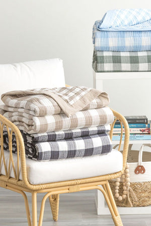 Renee Taylor Gingham Washed Cotton Reversible Blanket - Queen/King