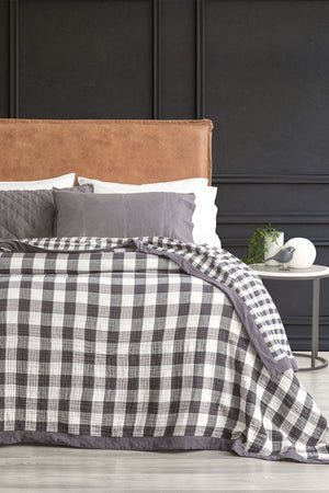 Renee Taylor Gingham Washed Cotton Reversible Blanket - Queen/King